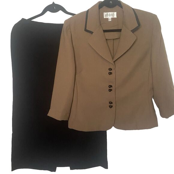 Vtg 80s Studio I Midi Skirt & Blouse Size 10 Two-Piece Set Suit Brown Black - Picture 1 of 15